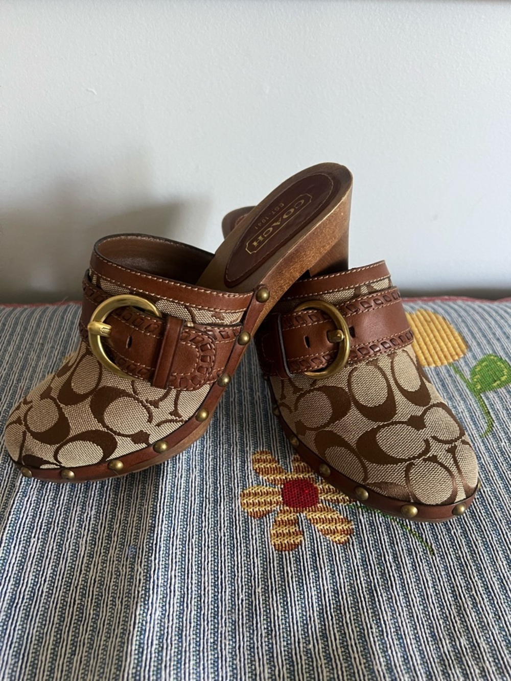 Coach Tan and Brown Signature Clog Mules with Brass Buckle 7.5 - Picture 2 of 11